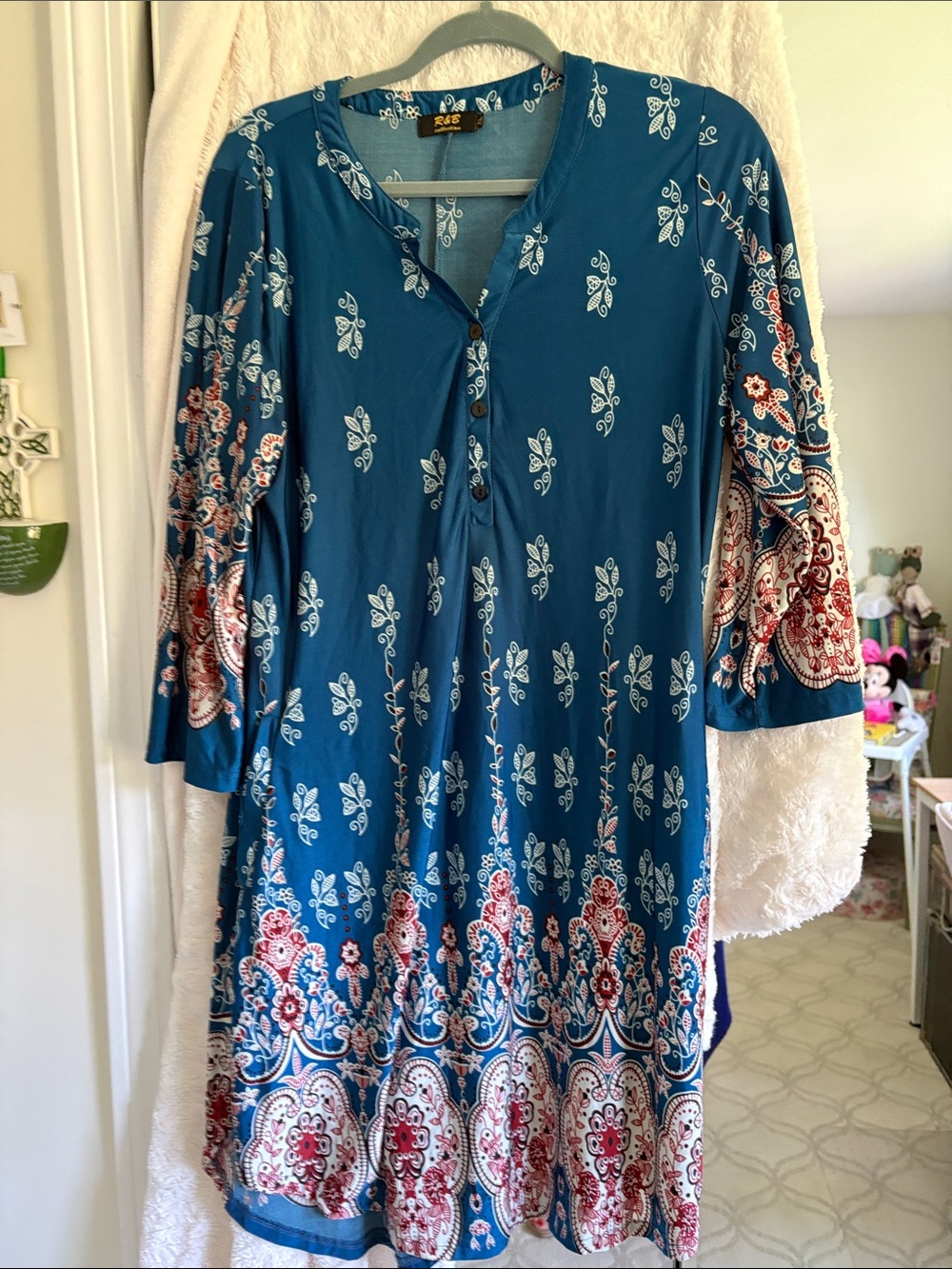 Teal Blue Printed Midi Dress with Button V-Neck